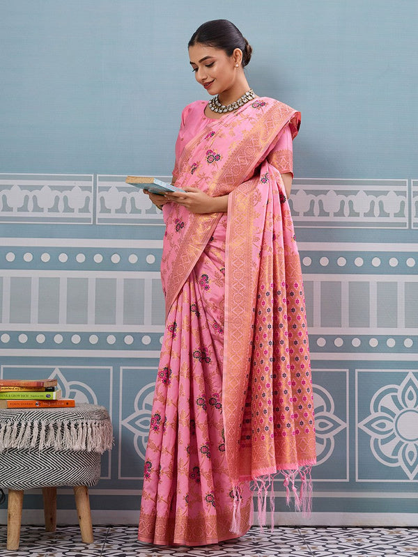Impressive Pink Color Silk Fabric Partywear Saree