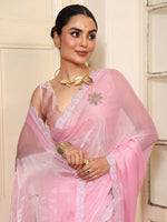 Lovely Pink Color Organza Fabric Partywear Saree