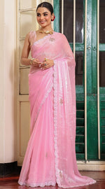 Lovely Pink Color Organza Fabric Partywear Saree