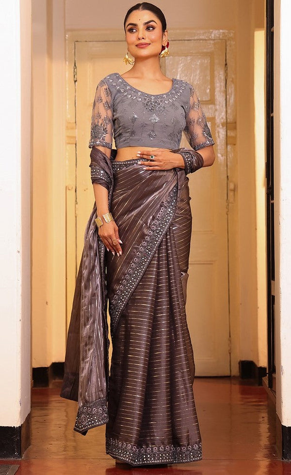 Lovely Grey Color Tissue Fabric Partywear Saree