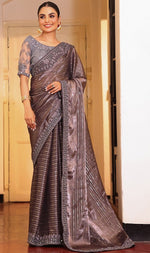 Lovely Grey Color Tissue Fabric Partywear Saree