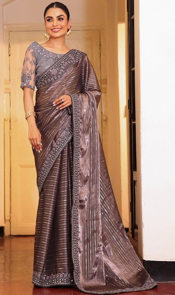 Lovely Grey Color Tissue Fabric Partywear Saree