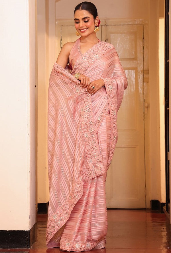 Lovely Pink Color Tissue Fabric Partywear Saree