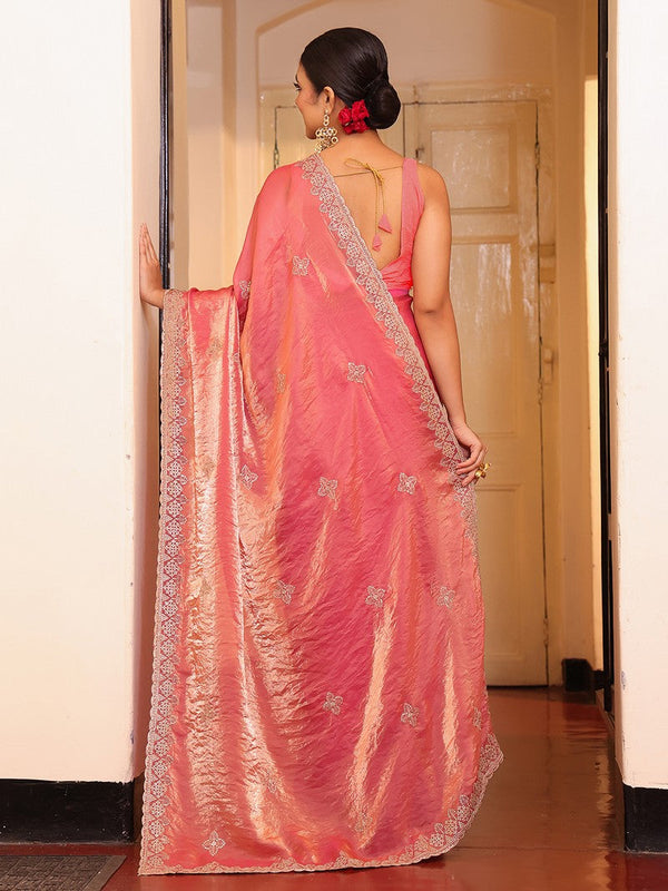 Lovely Pink Color Tissue Fabric Partywear Saree