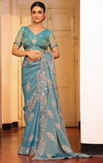 Lovely Aqua Color Tissue Fabric Partywear Saree