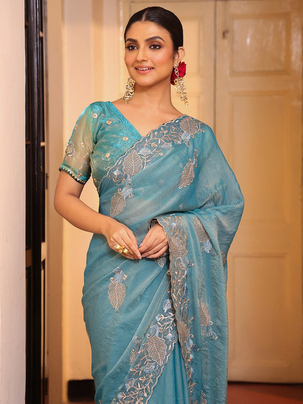 Lovely Aqua Color Tissue Fabric Partywear Saree