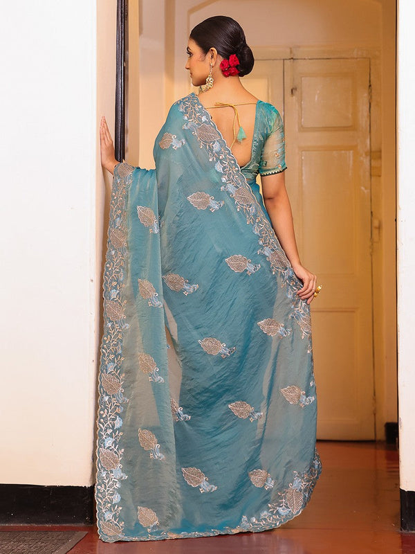 Lovely Aqua Color Tissue Fabric Partywear Saree