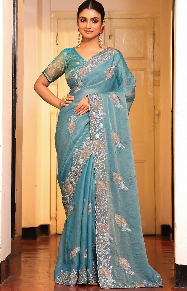 Lovely Aqua Color Tissue Fabric Partywear Saree