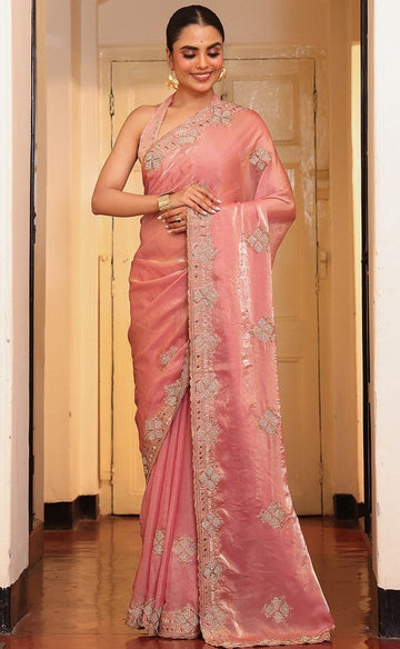 Lovely Pink Color Tissue Fabric Partywear Saree