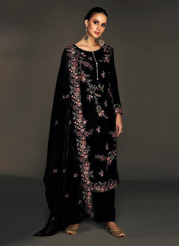 Tasteful Black Color Velvet Fabric Plazzo Suit