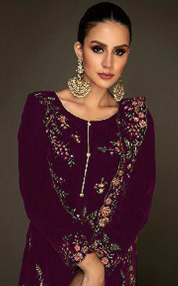 Tasteful Purple Color Velvet Fabric Plazzo Suit