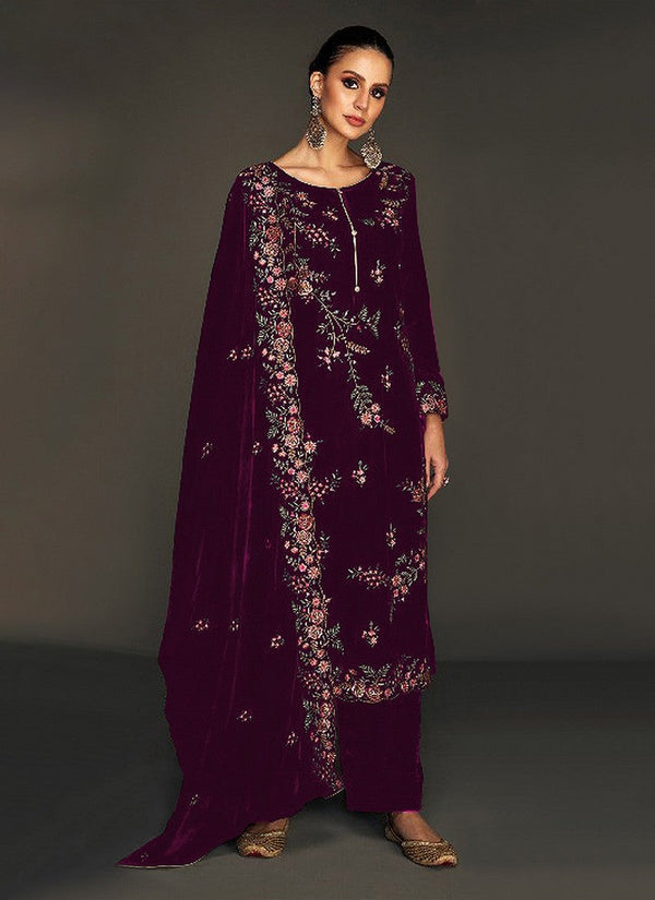 Tasteful Purple Color Velvet Fabric Plazzo Suit