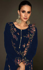 Tasteful Navy Blue Color Velvet Fabric Plazzo Suit