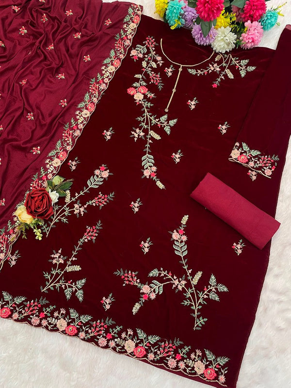 Tasteful Maroon Color Velvet Fabric Plazzo Suit