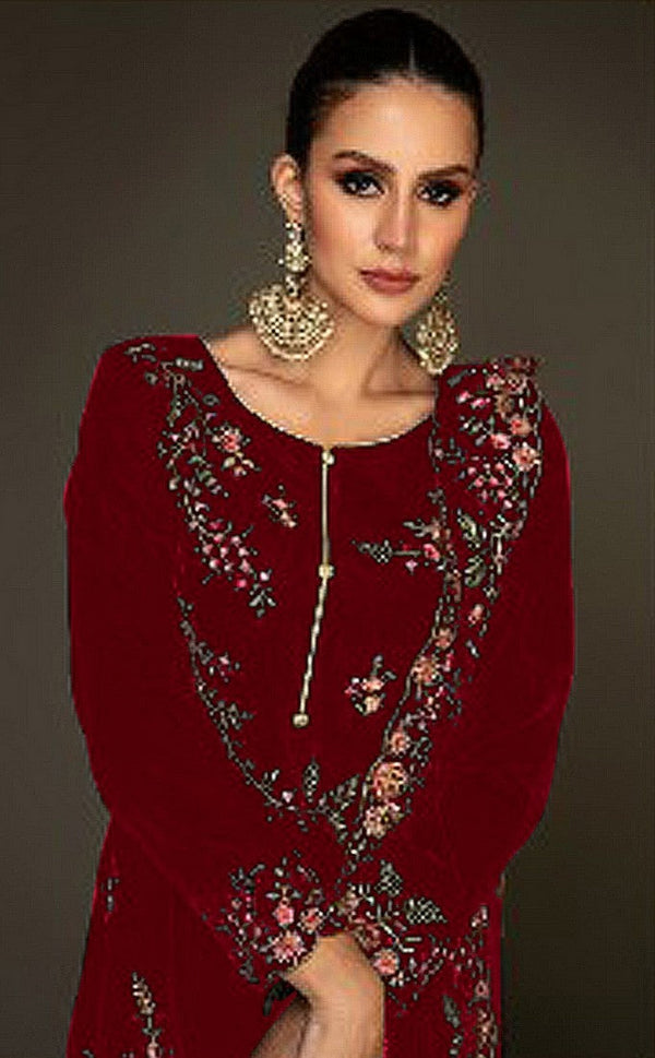Tasteful Maroon Color Velvet Fabric Plazzo Suit