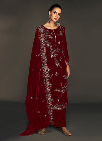 Tasteful Maroon Color Velvet Fabric Plazzo Suit