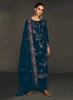 Tasteful Teal Color Velvet Fabric Plazzo Suit