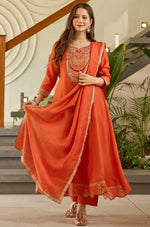 Beautiful Orange Color Silk Fabric Designer Suit