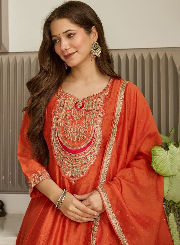Beautiful Orange Color Silk Fabric Designer Suit