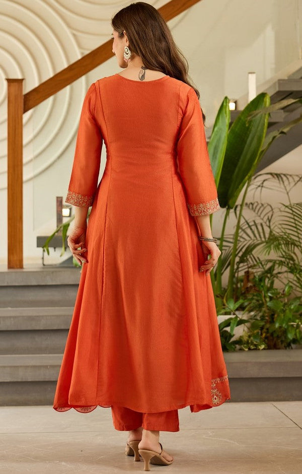 Beautiful Orange Color Silk Fabric Designer Suit