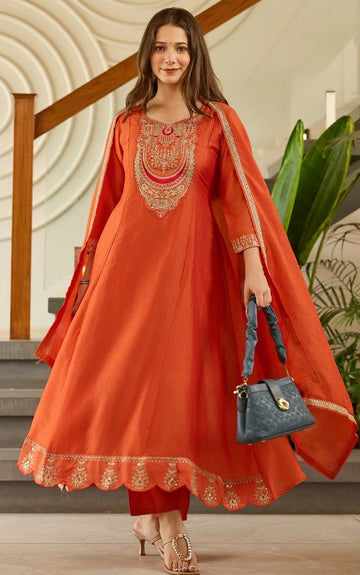 Beautiful Orange Color Silk Fabric Designer Suit