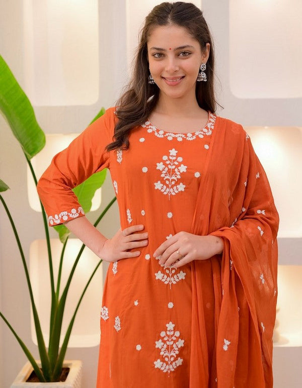 Beautiful Orange Color Rayon Fabric Designer Suit