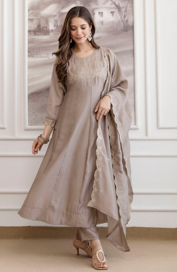 Beautiful Grey Color Vichitra Fabric Designer Suit
