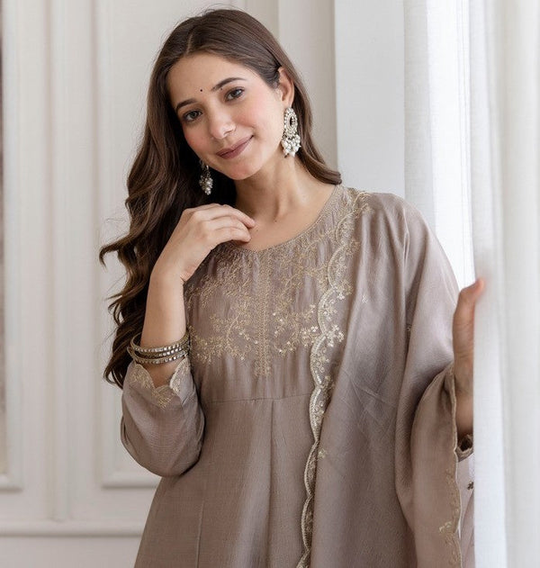 Beautiful Grey Color Vichitra Fabric Designer Suit