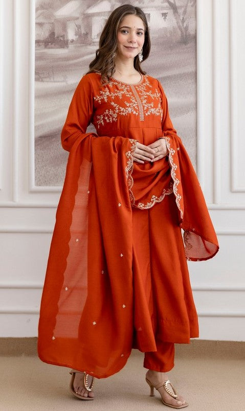Beautiful Orange Color Vichitra Fabric Designer Suit