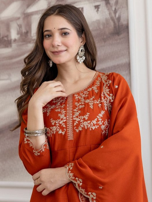 Beautiful Orange Color Vichitra Fabric Designer Suit