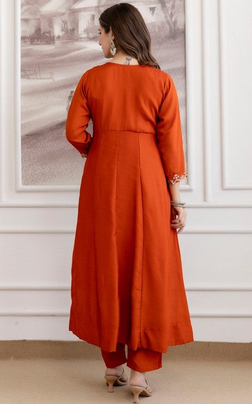 Beautiful Orange Color Vichitra Fabric Designer Suit