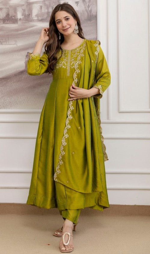 Beautiful Green Color Vichitra Fabric Designer Suit