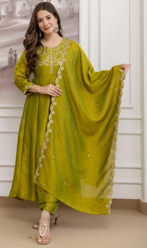 Beautiful Green Color Vichitra Fabric Designer Suit