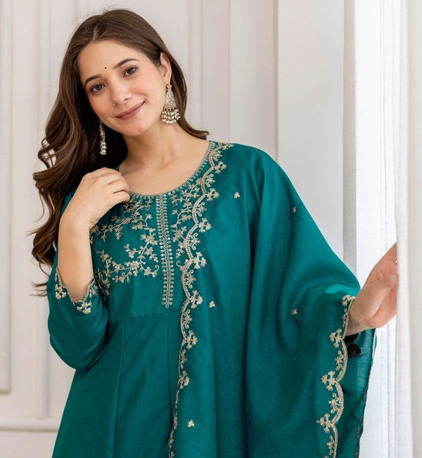 Beautiful Teal Color Vichitra Fabric Designer Suit