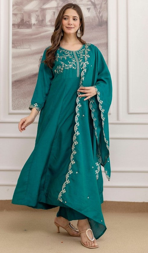 Beautiful Teal Color Vichitra Fabric Designer Suit