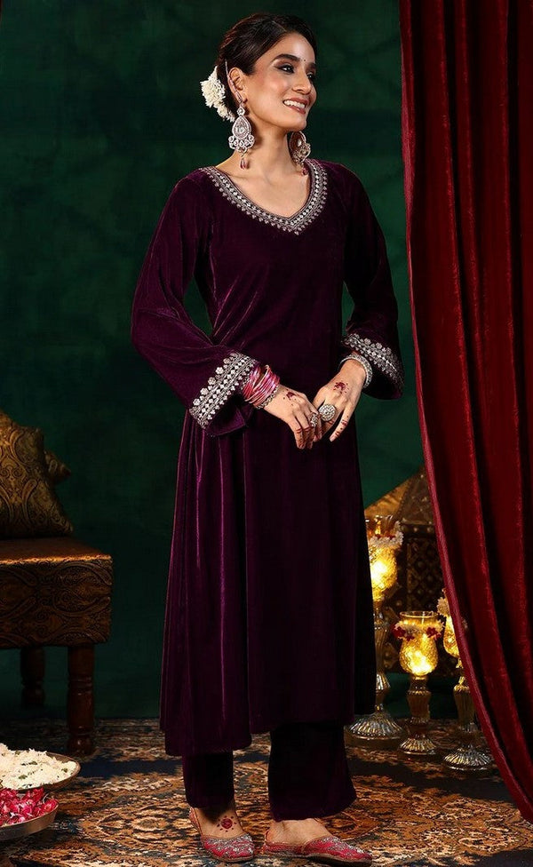 Beautiful Voilet Color Velvet Fabric Designer Suit