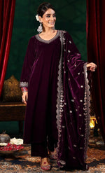 Beautiful Voilet Color Velvet Fabric Designer Suit