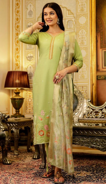 Beautiful Green Color Viscose  Fabric Designer Suit