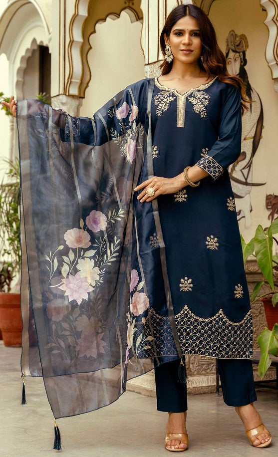 Beautiful Navy Blue Color Viscose  Fabric Designer Suit