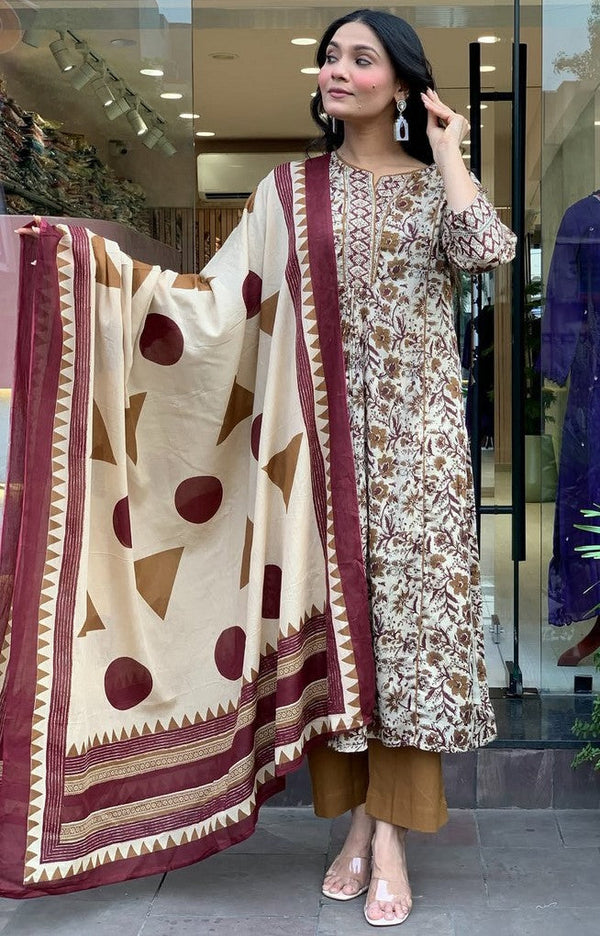 Beautiful Cream Color Cotton Fabric Designer Suit