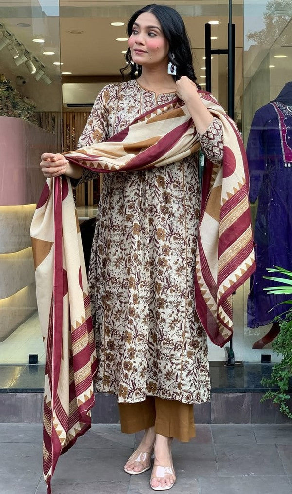 Beautiful Cream Color Cotton Fabric Designer Suit