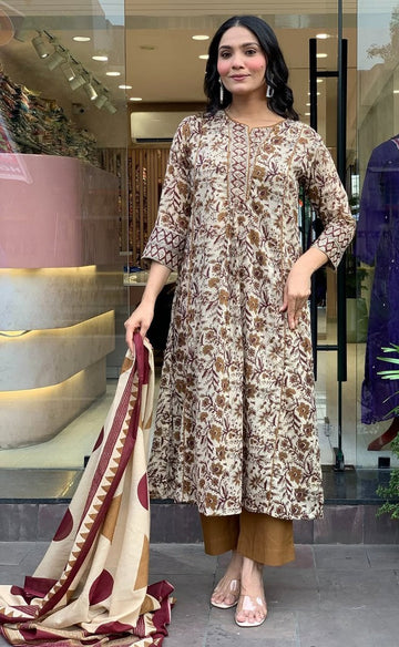 Beautiful Cream Color Cotton Fabric Designer Suit