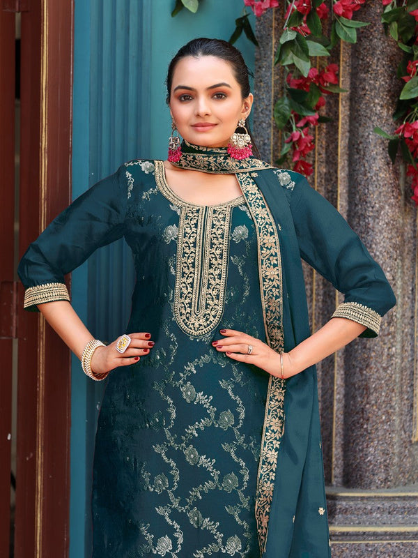 Beautiful Teal Color Viscose Fabric Designer Suit