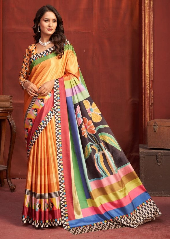 Pleasing Orange Color Crepe Fabric Casual Saree