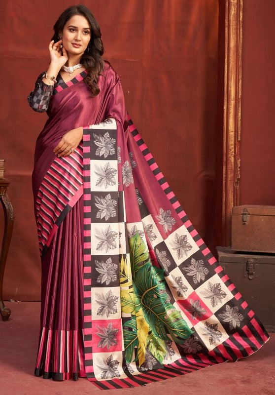 Pleasing Wine Color Crepe Fabric Casual Saree