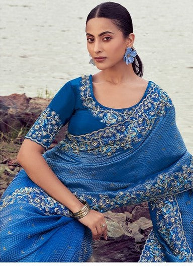 Amazing Blue Color  Silk Fabric Partywear Sarees