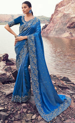 Amazing Blue Color  Silk Fabric Partywear Sarees