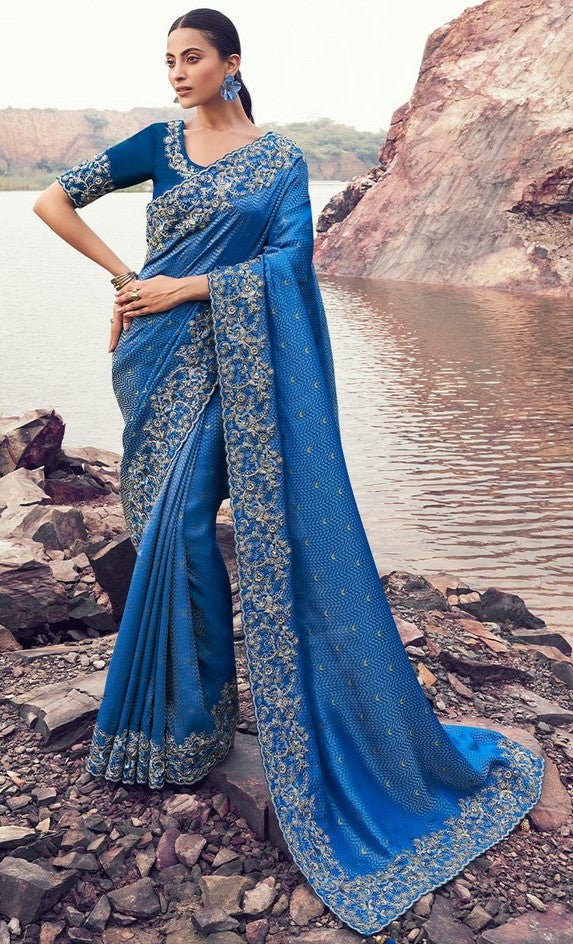 Amazing Blue Color  Silk Fabric Partywear Sarees