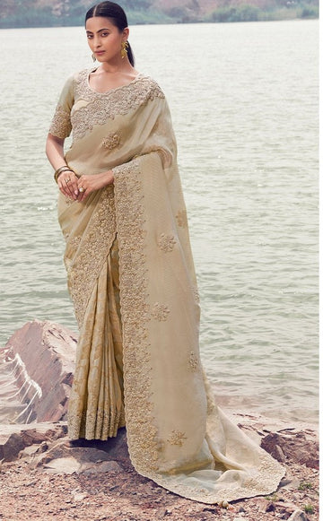 Amazing Beige Color   Silk Fabric Partywear Sarees