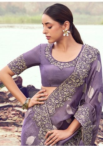 Amazing Purple Color   Silk Fabric Partywear Sarees